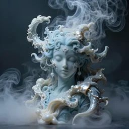 A beautiful form made of pale blue smoke in the style of Aldo Katayanagi + Thick Milky Smoke + Mother Of Pearl +Milk and ink+ Creamy smoky Elements + Moody Cinematic Lighting + Deep Shadows + Hyper Realistic + Intricate Eldritch tendrils  + 8K portrait + fluid dynamics