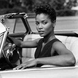 black fashion model, background bel air convertible, photo by peter lindbergh, 1 9 5 5, vintage, highly detailed