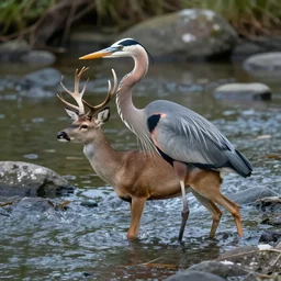 hybrid of a great blue heron and a deer wading in a rocky river. fantasy monster concept art