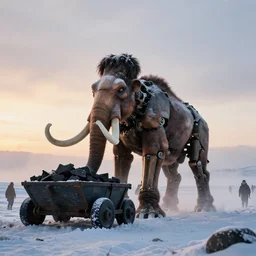 “photo of one biomechanical mammoth in an arctic storm with some fog and blizzard, the mammoth drags old gigantic coal wagons with snow, it's a sunset photo with cold tones, some people around ”