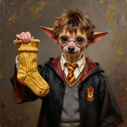 dobby from harry potter holding a golden sock gloriously, oil painting