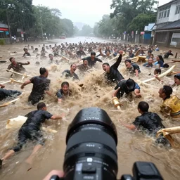 a first person view of a catastrophic flood with hundreds of screaming people being swept away crashing into dense floating debris, reporter, live footage, 3 5 mm lens, rainy day, droplets on lens, shaky feeling