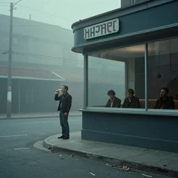 outdoor exterior, cassette futurism, existential horror, celebrating alone, drinking, alcoholics, atmospheric haze, film. phoyograph by edward hopper, norman rockwell, gregory crewdson. film still, 1 6 mm cinematography