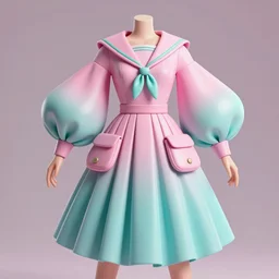 designer figma collection ball shaped accordion sleeve haute couture, sailor uniform, midi skirt, coat pleats, synthetic curves striking pose, dynamic folds, cute huge pockets hardware, volume flutter, youthful, modeled by modern designer bust, body fit, award fashion, pink teal gradient scheme, holographic tones, expert composition, high detail, professional retouch, editorial photography