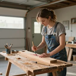 painting of a woman woodworking in the garage.