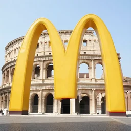 Beautiful Promotional  Photograph of ancient Roman McDonalds, wideshot,longshot,fullshot.