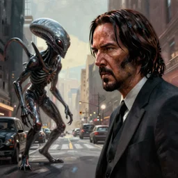 an angry john wick facing a giger alien in the city streets, detailed digital painting by greg rutkowski and raymond swanland
