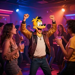 young people in a fancy nightclub dancing and drinking, partylights, great colors, in the style of carl barks, trending on artstation