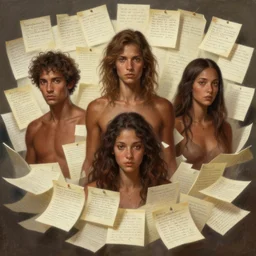 a beautiful aesthetic painting of three male and one female brown spirits coming out of a bunch of handwritten paper notes, detailed digital art, trending on artstation, hyperrealistic faces and body