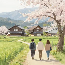 walking around rural shirakawa - go, gifu, japan. volumetric lighting, spring late morning, nice slight overcast weather, realistic illustration, perfectly shaded, soft painting, art by krenz cushart and wenjun lin