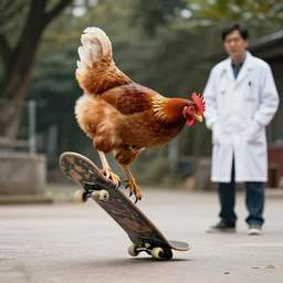 chicken doing cool skateboard tricks while a scientist watches. stock photo.