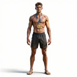 battle-worn athlete with medal, detailed 3d character render, full body, standing, isolated on a pure white background, centered, whole figure in frame, sharp focus, studio lighting