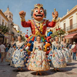 a beautiful painting of a carnival with enormous fallas monsters in the streets of valencia by conor harrington and jonas burgert, realistic colors