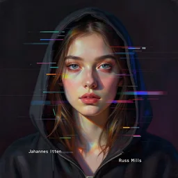 portrait of a hooded beautiful women, mysterious, glitch effects over the eyes, shadows, by Guy Denning, by Johannes Itten, by Russ Mills, centered, glitch art, innocent, hacking effects, chromatic, cyberpunk, color blocking, digital art, concept art, abstract
