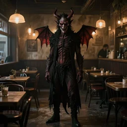 eerie 2 0 0 0 s photograph of a demon standing in a dimly lit cafe