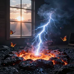 the better angels of our nature, butterflies flying, lava pit, hdr, holy lightning, cold glow, sunrays clouds windows, sunrise, zack snyder cinematography style, dark, cinematic, cinema lighting, highly detailed, ultra realistic, cinematic lighting, 8k