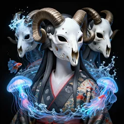 3 d goddess skull half - turn portrait with long hair with ram skull. beautiful intricately detailed japanese crow kitsune mask and clasical japanese kimono. betta fish, jellyfish phoenix, bio luminescent, plasma, ice, water, wind, creature, artwork by tooth wu and wlop and beeple and greg rutkowski
