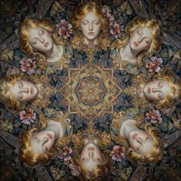 breathtaking detailed concept art painting kaleidoscope art deco pattern of blonde faces goddesses amalgamation flowers, by hsiao - ron cheng, bizarre compositions, exquisite detail, extremely moody lighting, 8 k