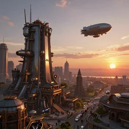 a steampunk city, sunset, airship in the sky, clear skies in the distance, hyperreal, artstation