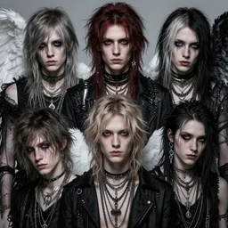 male grunge angels. emo alt angels. concept art. fashion. aesthetic. character design. repin. rhads greg rutkowski. kuvshinov ilya. ruan jia. highly detailed. intricate jewelry. hyper realism. realistic. ray tracing hdr. masterpiece. coherent. facial symmetry. beautiful face.