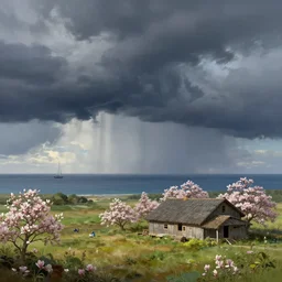 sailboat with horizon and dark clouds, dramatic lighting, beautiful views, painterly concept art, joanna gaines, environmental concept art, farmhouse, magnolia, concept art illustration by ross tran, by james gurney, by craig mullins, by greg rutkowski trending on artstation