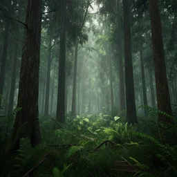 Forest in the rain, octane render, volumetric lighting, natural colors