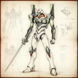 evangelion gundam mech schematic blueprint pencil sketch scientific drawing by leonardo davinci stained paper old masters