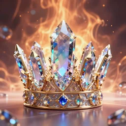 Crown of the gods, hyper detailed realism, futuristic, technology, iridescent crystals, fire glowing background, photographic award winning beautiful render