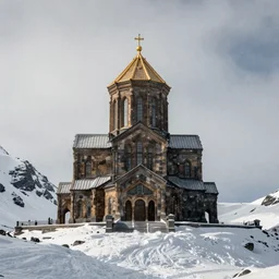a monolithic cathedral on a snowcapped mountain in the artic. grainy, snowing, overcast sky.