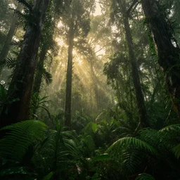 ultra wide angle matte painting of a rainy, wet, very green congo forest, majestic!!! beautiful!!!, ethereal!!! ultra realistic, golden hour, volumetric lighting, sharp focus