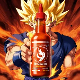 a bottle of sriracha, going super saiyan, anime, dramatic