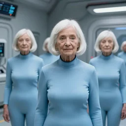 troop 1 2 0 - year - old grannies with white bob hairdos, tight light blue neopren suits, futuristic cloning facility, sci - fi, highly detailed, cinematic