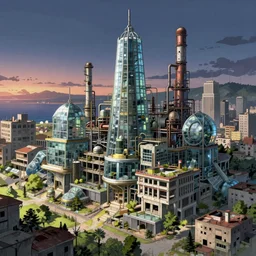 a beautiful very detailed anime illustration of architecture nature abandoned building city laboratory industrial architecture unfinished building by eugene boudin, sea liberty city made of glass assassin's creed futuristic at dusk at night, archdaily, wallpaper, highly detailed, trending on artstation.
