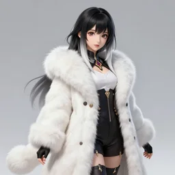 character sheet for a beautiful and cute girl with a long white fur coat for genshin impact by greg rutkowski, black to light white fade hair, genshin impact style, ghibli, fashion design, overwatch style, sorcerer magic witch, digital art, trending on artstation, hd, 8 k, highly detailed, good lighting, beautiful, masterpiece