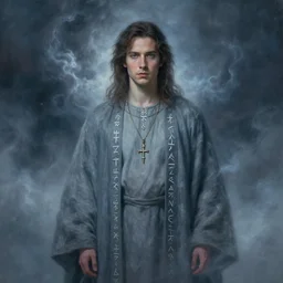 portrait of aaron taylor johnson in gray - blue robes, runes, jewelry, mystical, ethereal, magical storm fog, painting by greg rutkowski and alphonse mucha