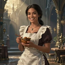 female tavern maid, smiling, dark hair, tanned, beautiful, stunning, detailled, by luis royo, by pixar, by myazaki, game of thrones, gothic, final fantasy, fantasy, medieval