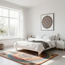 Bedroom with Minimalistic Art on the walls, white furniture, Multi colored Mandala Rug, big windows with sunlight coming in
