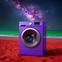 purple washing machine, red sand beach, green ocean, nebula sunset