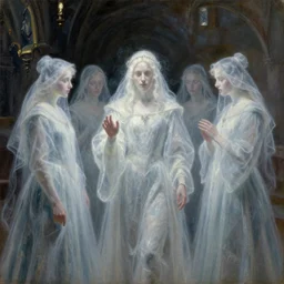medium shot, painting of white!! blurry!! half-transparent ghostly human figures in medieval clothes, dark academia aesthetic, Hogwarts, magic vibes, soft lighting, by George Roux, by Vermeer, by Monet, by oil on canvas, Royal Academy, masterpiece, trending on artstation, cinematic composition, dramatic pose, beautiful lighting, sharp, details, hyper-detailed, HD