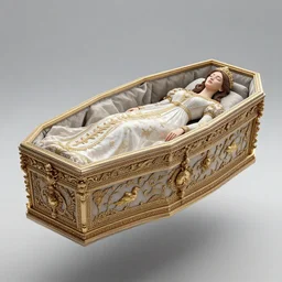 an elaborate floating coffin with a mysterious woman sleeping, fantasy, regal, intricate, by stanley artgerm lau, greg rutkowski, thomas kindkade, alphonse mucha, loish, norman rockwell