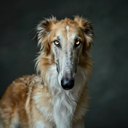 borzoi with a very long nose and windy ears with glowing eyes and salvadore dali mustasche, photorealistic, fantasy, moody, ultradetail
