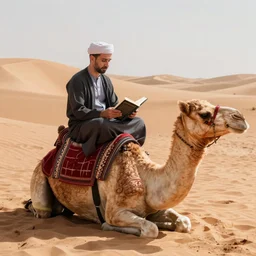 eric zemmour reading quran on a camel, sand desert background, realistic footage, sharp focus