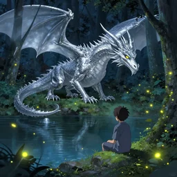 a silver dragon and a boy sitting next to lake in forest, many fireflys, at night, concept art, dof, cryengine, digital art, detailed background, makoto shinkai
