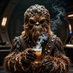 still of a rodian!!!! alien having a drink with a wookie!! in the mos eisley cantina in Star Wars (1977). symetric face. smoke. dark mood. latex mask.
