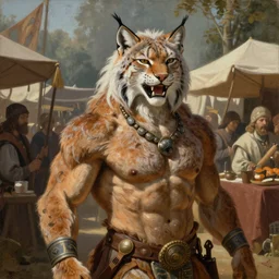 An award winning oil painting of upper body of a cool looking and happy muscular lynx beast-man with white mane and brown body fur at a bustle medieval market. He has long and pointy tail. He is wearing tribal clothing. Renaissance style lighting. Trending on artstation