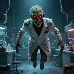epic portrait cinematic shot an zombie scientist smilling and floating, laboratory backround, glowing red eyes, sharp smile, long teeth, creepy, green skin, fine details. night setting. realistic shaded lighting poster by craig mullism, artgerm, jeremy lipkin and michael garmash, unreal engine, radiant light, detailed and intricate environment, digital art, trending on art station,