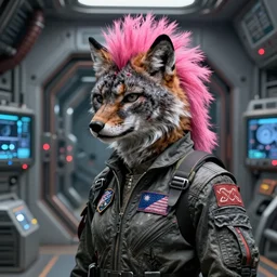 highly detailed, black anthro - lynx, human with head of lynx, pink mohawk hair, facial scar, wearing patched flight suit, fur texture, in reactor room on the nostromo, science fiction, punk, grunge, alien 1 9 7 9, trending on artstation,