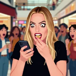 Margot robbie eating her cell phone with crazy wild eyes, Margot Robbie looks insane, in a mall food court, people staring, screaming, pixal art, trending on artstation