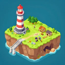 side view of top down isometric video game, point and click style, on an island with a giant lighthouse, a drawbridge, and crew quarters with a cave underneath the island