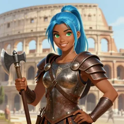 frontview portrait of gladiator warrior lady, young, beautiful, dark skin, light blue hair, ponytail, big open green eyes, smile, brown heavy armor, axes, posing, coliseum background, love interest, highly detailed, smooth, sharp focus, digital painting, artgerm and greg rutkowski and alphonse mucha, comic book cover art
